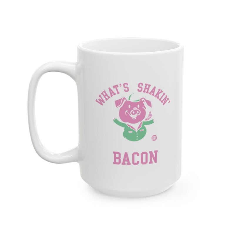 Load image into Gallery viewer, White ceramic mug featuring a pig illustration and the words ‚ÄúWhat‚Äôs Shakin‚Äô Bacon,‚Äù designed by Todd Art
