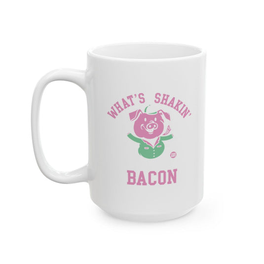 White ceramic mug featuring a pig illustration and the words “What’s Shakin’ Bacon,” designed by Todd Art