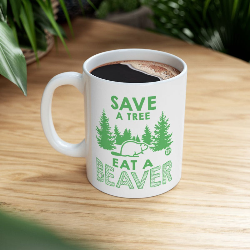 Load image into Gallery viewer, Save a Tree Eat a Beaver Mug with Forest Design
