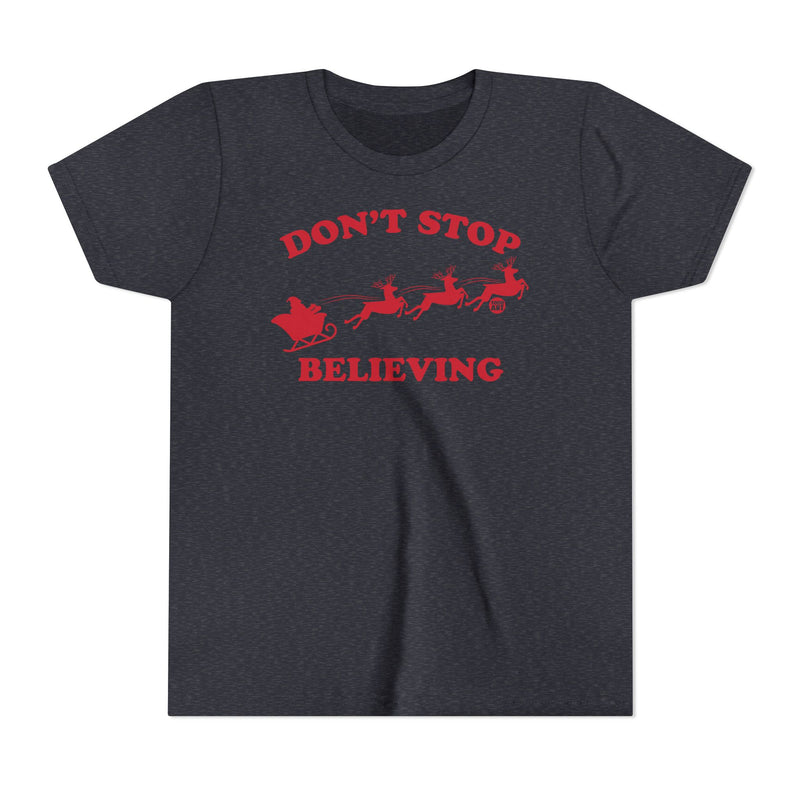 Load image into Gallery viewer, Don&#39;t Stop Believing Kids Santa Tee, Santa Sleigh Children&#39;s Shirt, Santa Reindeer Xmas Tee Kids
