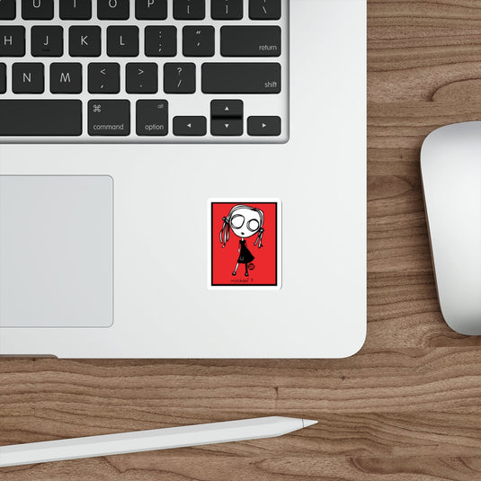 Red Sticker with Quirky Cartoon Girl Design