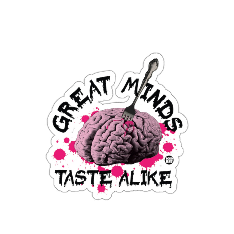Load image into Gallery viewer, Great Minds Taste Alike Sticker with Brain and Fork Design
