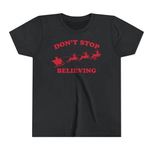 Don't Stop Believing Kids Santa Tee, Santa Sleigh Children's Shirt, Santa Reindeer Xmas Tee Kids