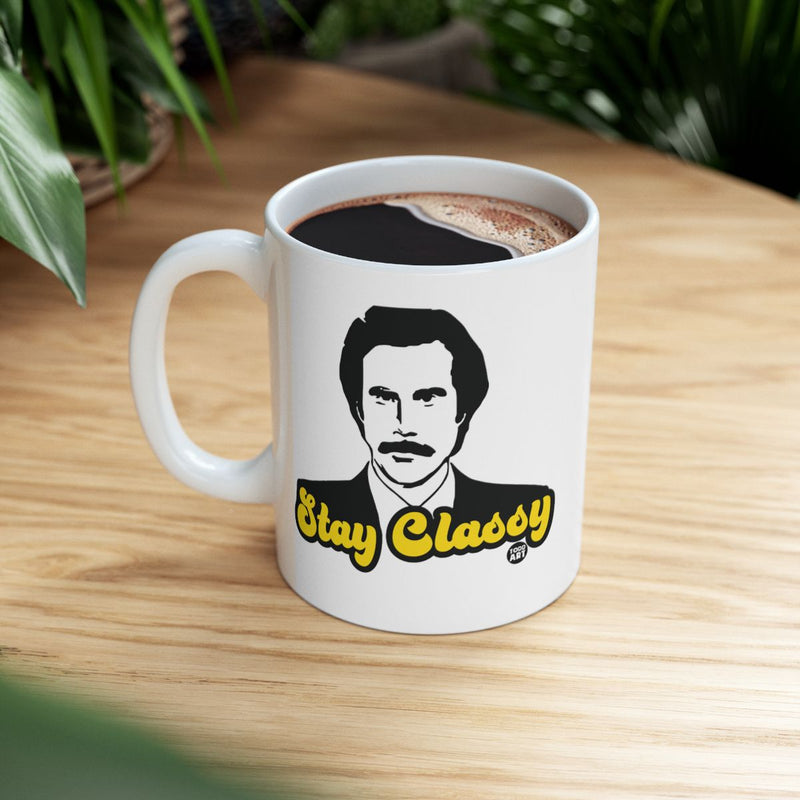 Load image into Gallery viewer, Stay Classy Mug featuring a Mustached Man Print
