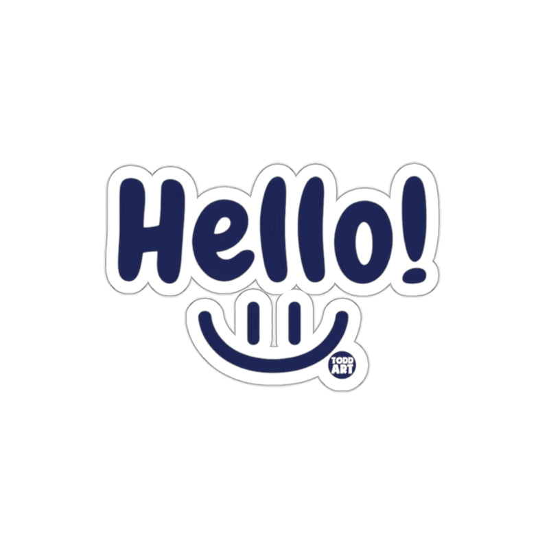 Load image into Gallery viewer, Hello Sticker with Smiley Face and Todd Art Logo
