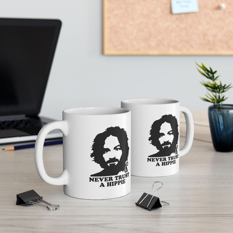 Load image into Gallery viewer, Never Trust A Hippie Mug with Black Text Message Design
