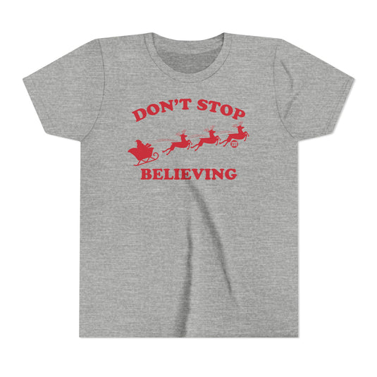 Don't Stop Believing Kids Santa Tee, Santa Sleigh Children's Shirt, Santa Reindeer Xmas Tee Kids