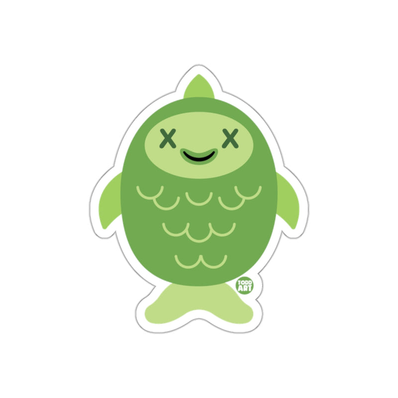 Load image into Gallery viewer, Green Smiling Fish Character Art Sticker for Sale
