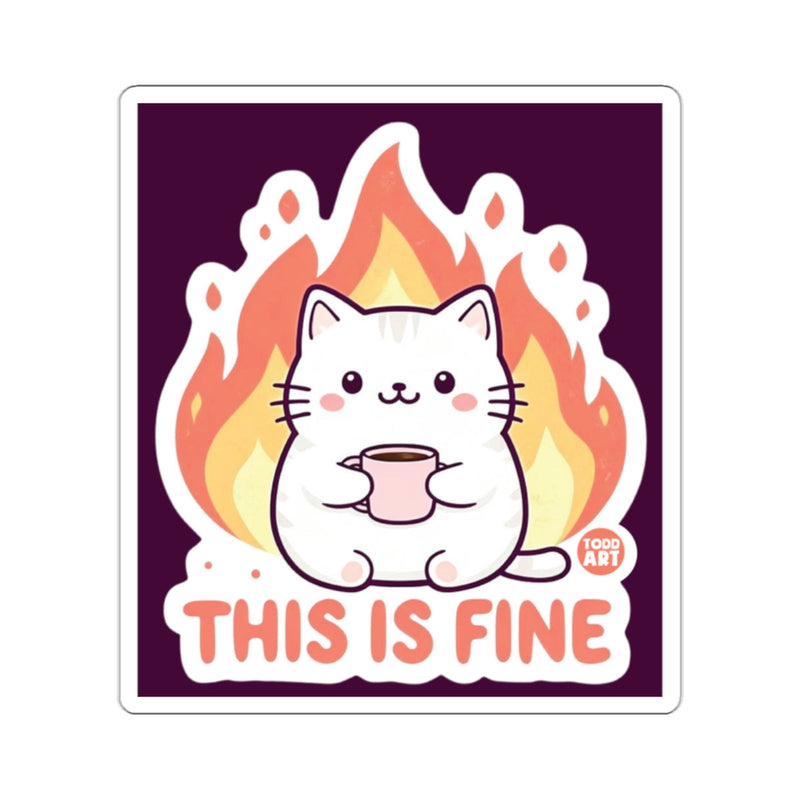 Load image into Gallery viewer, Cute Cat With Coffee On Fire This Is Fine Sticker

