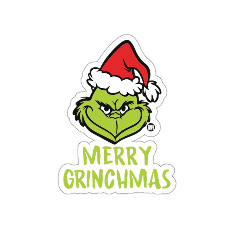Load image into Gallery viewer, Merry Grinchmas Sticker with Santa Hat Design
