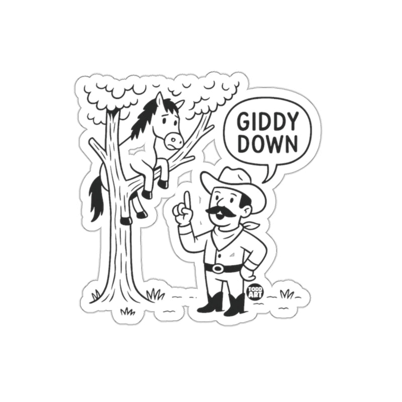 Load image into Gallery viewer, Giddy Down Cowboy and Horse Funny Sticker Decal
