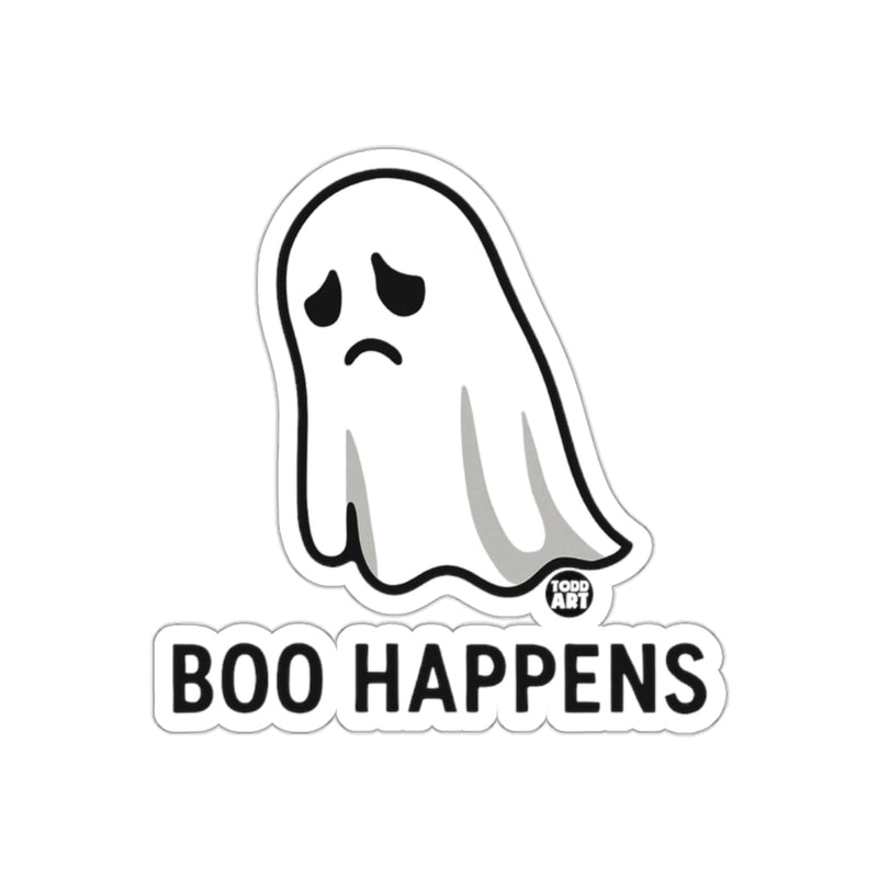 Load image into Gallery viewer, Boo Happens Sticker Funny Cute Sad Ghost Design
