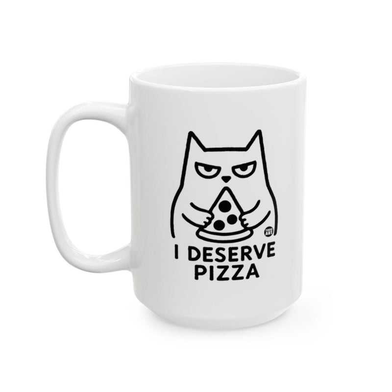 Load image into Gallery viewer, White ceramic mug featuring a cat illustration holding pizza with the words ‚ÄúI Deserve Pizza,‚Äù designed by Todd Art
