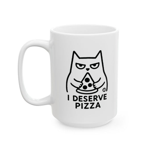 White ceramic mug featuring a cat illustration holding pizza with the words ‚ÄúI Deserve Pizza,‚Äù designed by Todd Art