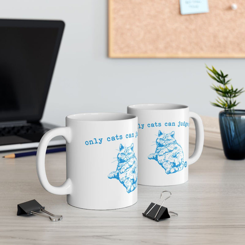Load image into Gallery viewer, Only Cats Can Judge Funny Blue and White Mug

