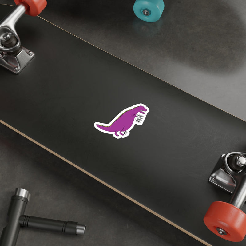 Load image into Gallery viewer, Purple Dinosaur Sticker on Black Skateboard Deck
