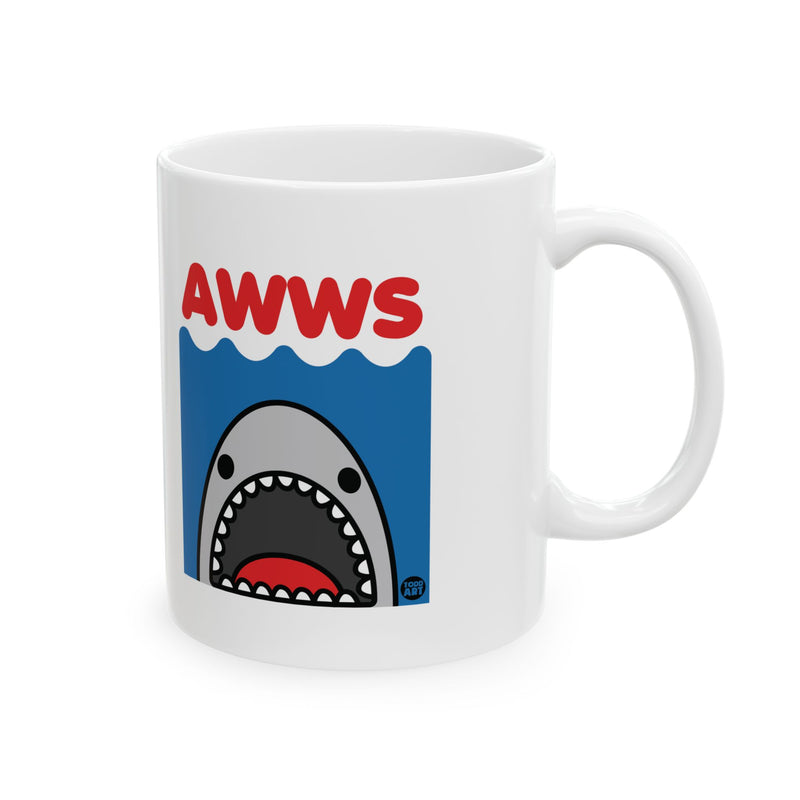 Load image into Gallery viewer, Aww Jaws Mug, Funny Jaws Shark Mug, Shark Joke Mug
