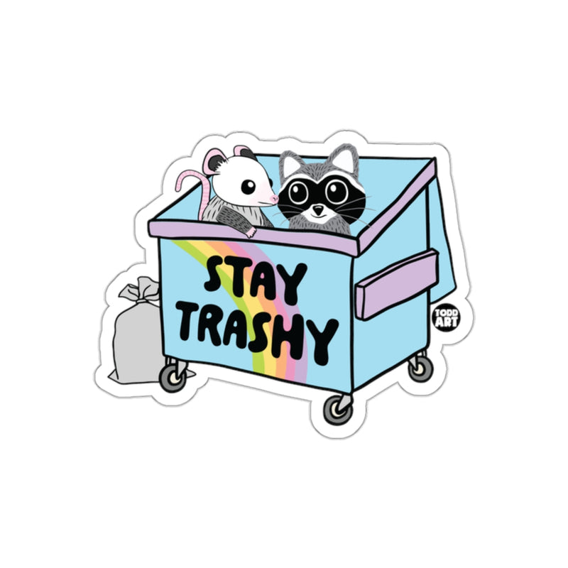 Load image into Gallery viewer, Stay Trashy Opossum Raccoon Funny Dumpster Illustration sticker
