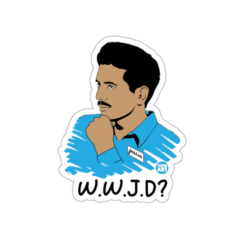 Load image into Gallery viewer, W.W.J.D? Illustration with Blue Shirt Sticker Product
