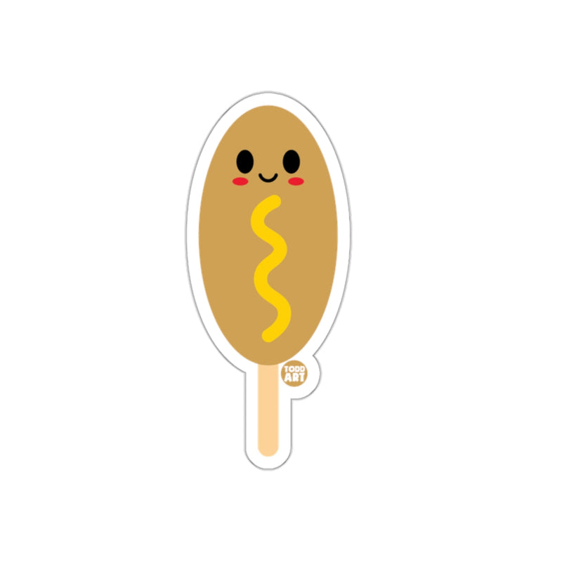 Load image into Gallery viewer, Cute Smiling Corn Dog with Mustard Art Sticker Design
