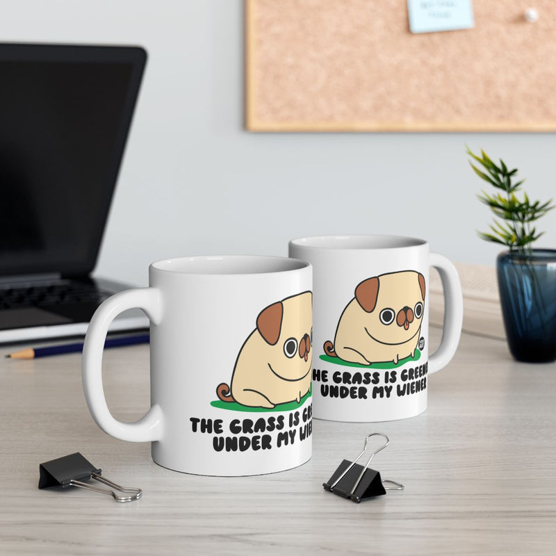 Load image into Gallery viewer, Funny Pug Mug with Grass is Greener Under Wiener Design
