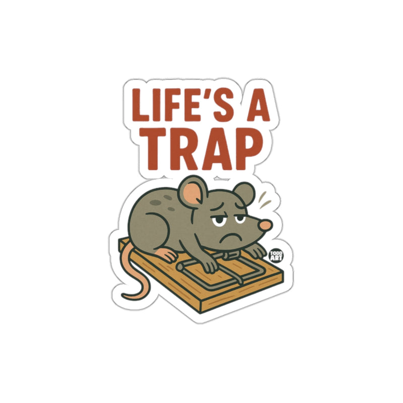 Load image into Gallery viewer, Life's a Trap Sticker with Sad Mouse Design
