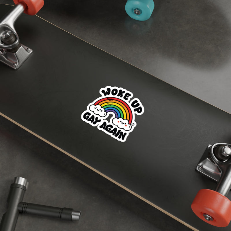 Load image into Gallery viewer, WOKE UP GAY AGAIN Rainbow Smiling Clouds Design product
