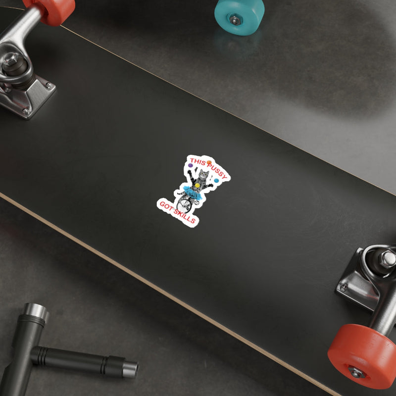 Load image into Gallery viewer, This Pussy Got Skills Cat Sticker on Dark Skateboard
