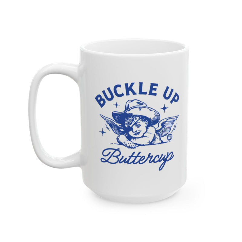 Load image into Gallery viewer, Buckle Up Buttercup Angel Design White Mug Product

