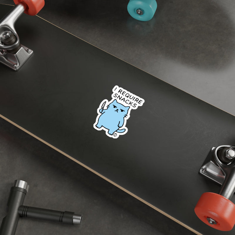 Load image into Gallery viewer, I Require Snacks Blue Cat Knife Funny Sticker 

