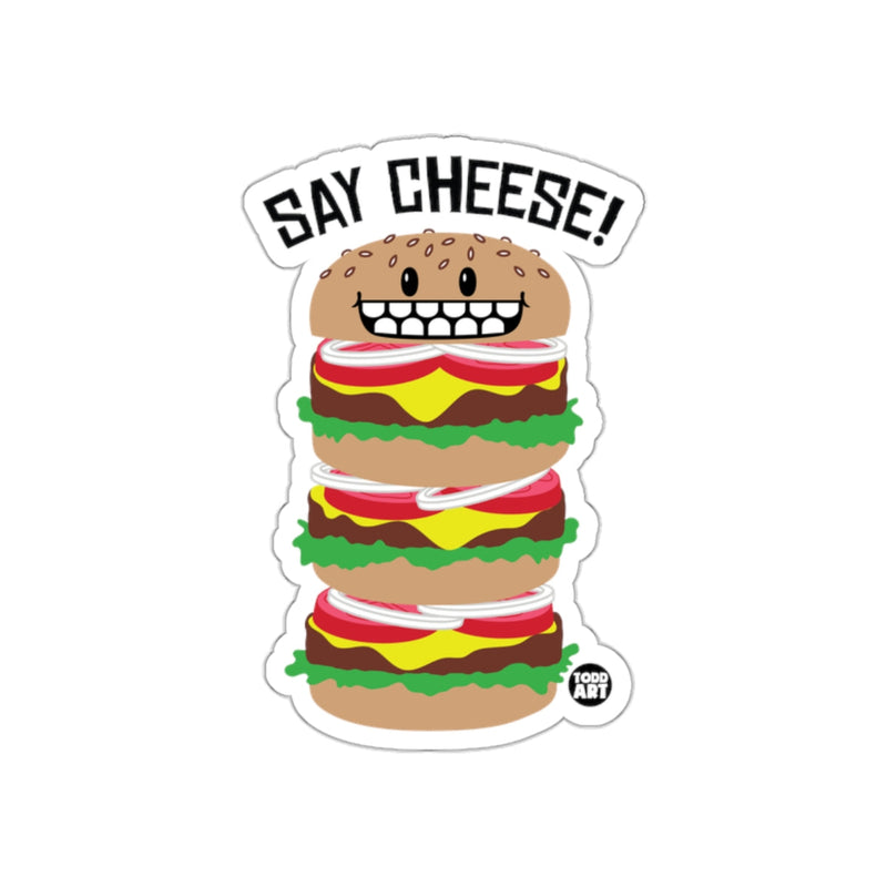 Load image into Gallery viewer, Funny Triple Cheeseburger Sticker with Say Cheese Text
