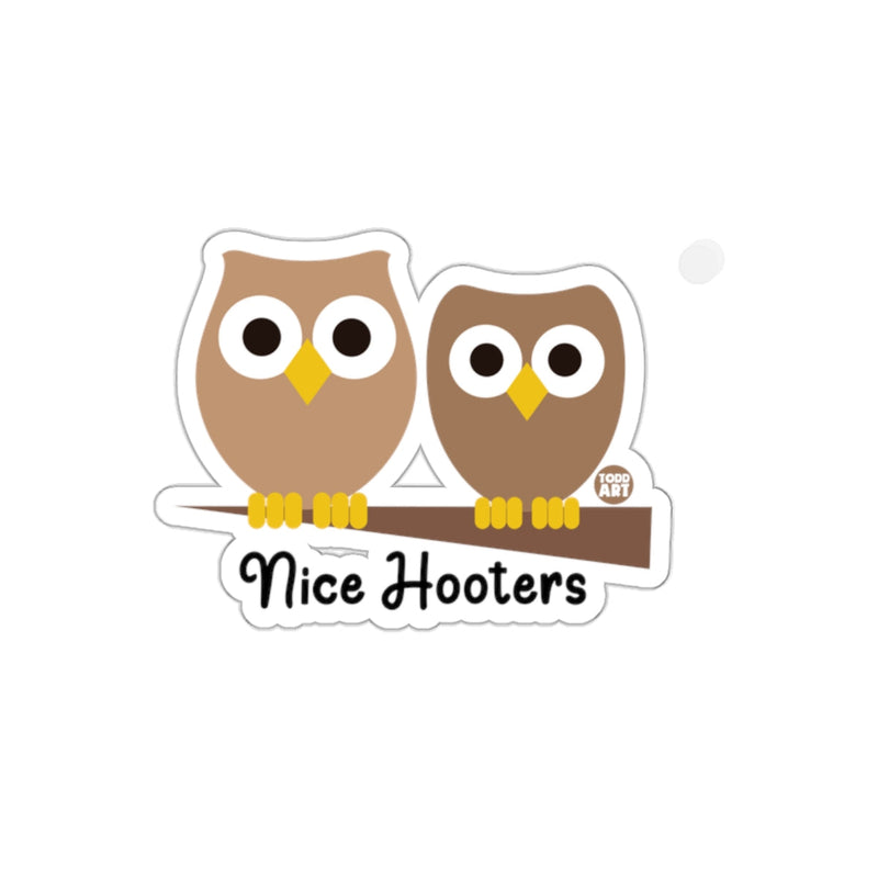 Load image into Gallery viewer, Two Owls Perched On Branch With Words Nice Hooters sticker
