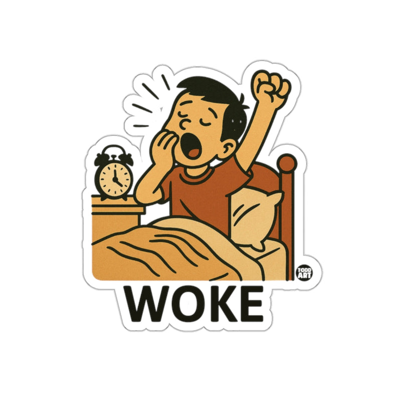 Load image into Gallery viewer, Woke Yawning Boy with Alarm Clock Sticker
