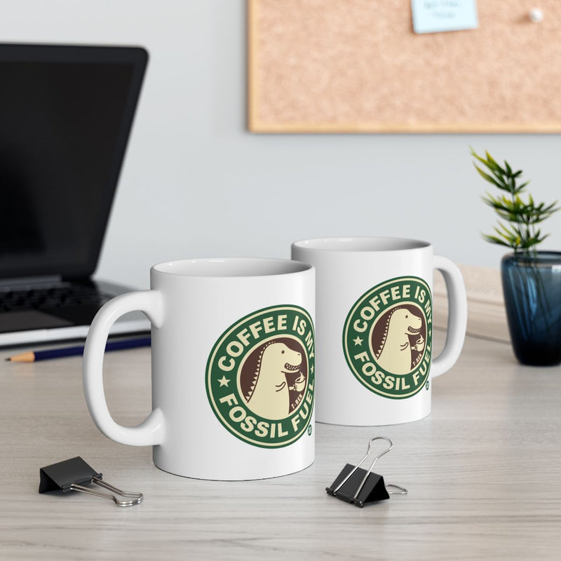 Load image into Gallery viewer, Coffee is my fossil fuel mug with dinosaur artwork
