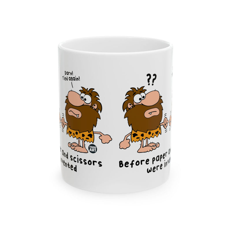 Load image into Gallery viewer, Caveman Rock Paper Scissors Coffee Mug, Funny Caveman Mug
