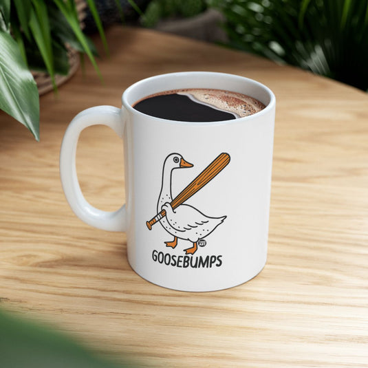 Goosebumps Mug with Funny Goose Holding a Bat Design