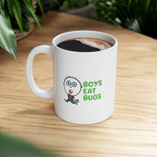 Funny Boys Eat Bugs Cartoon Mug for Coffee Lovers