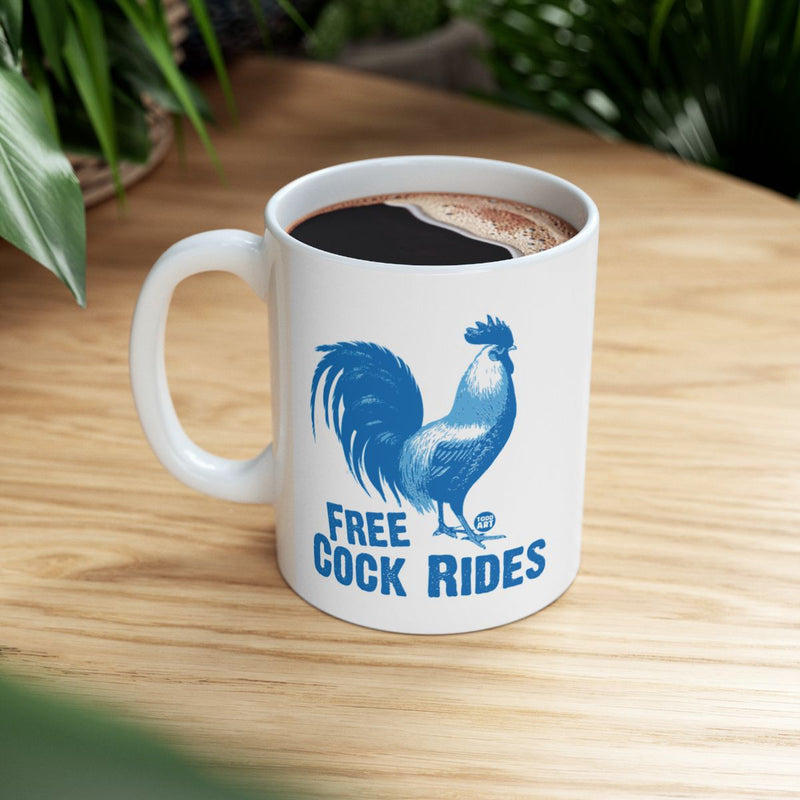 Load image into Gallery viewer, Quirky White Mug with Free Cock Rides Illustration
