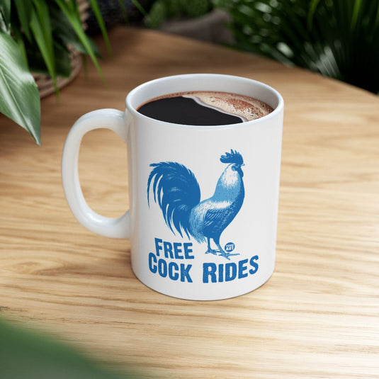 Quirky White Mug with Free Cock Rides Illustration