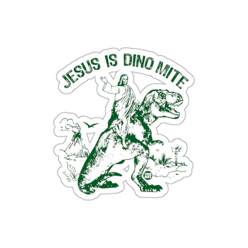 Load image into Gallery viewer, Jesus Is Dino Mite Riding T-Rex Sticker Design
