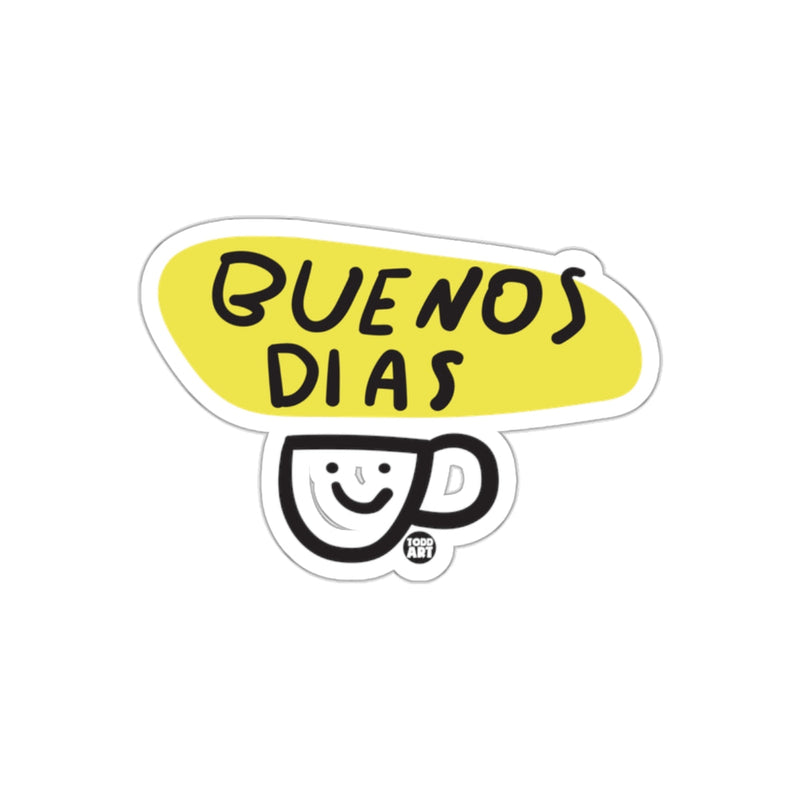 Load image into Gallery viewer, Buenos Dias Sticker with Smiling Coffee Cup Design
