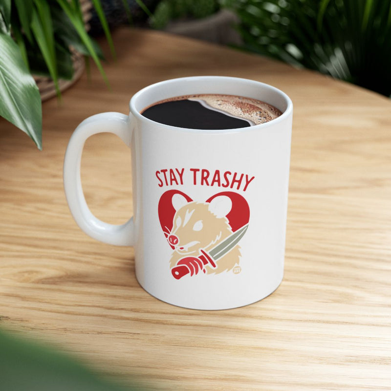 Load image into Gallery viewer, Stay Trashy Rat Mug with Knife Artwork
