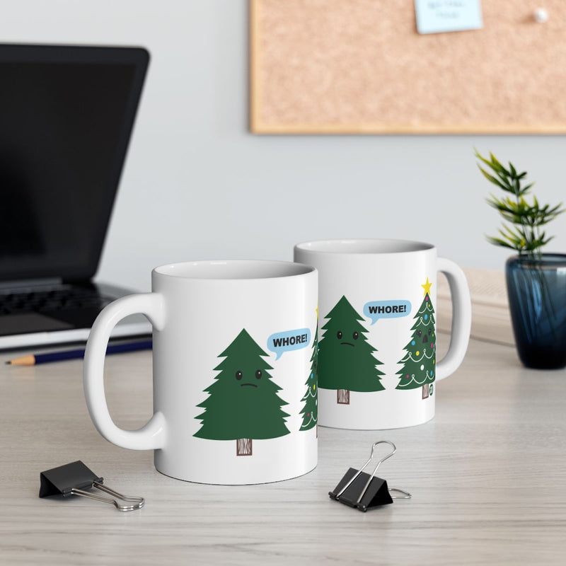 Load image into Gallery viewer, Funny Christmas Tree WHORE! Mug with Hilarious Design
