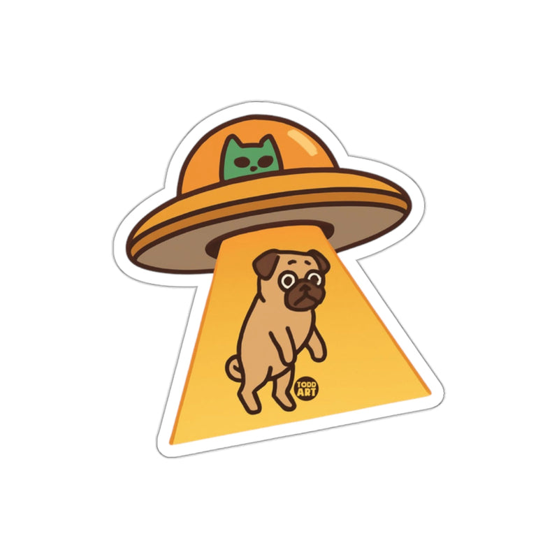 Load image into Gallery viewer, Abducted Pug Art With Alien UFO And Cat Pilot sticker

