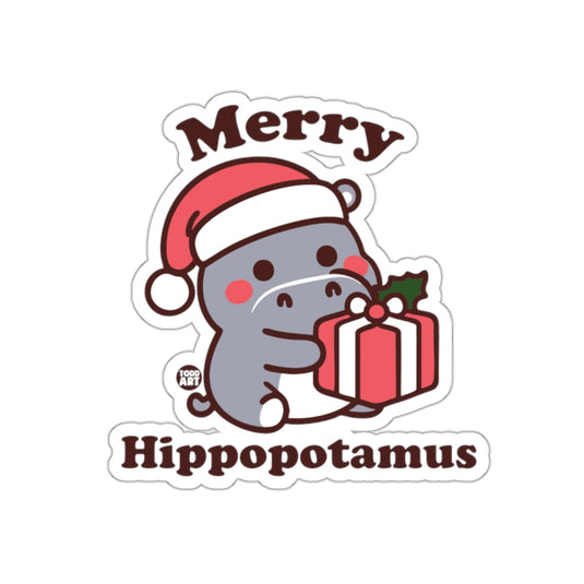 Merry Hippopotamus Sticker with Santa Hat and Gift