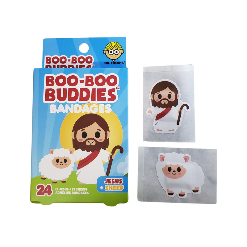 Load image into Gallery viewer, Boo Boo Buddies bandage box featuring a Jesus and lamb design, with matching Jesus and lamb-shaped bandages beside it
