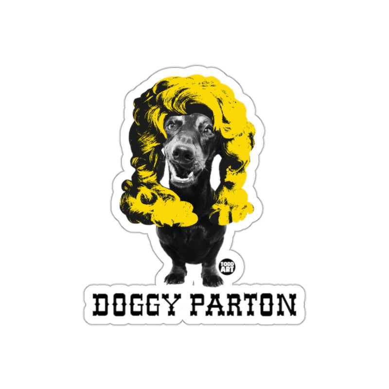 Load image into Gallery viewer, Doggy Parton Sticker with Black Dog and Yellow Hair
