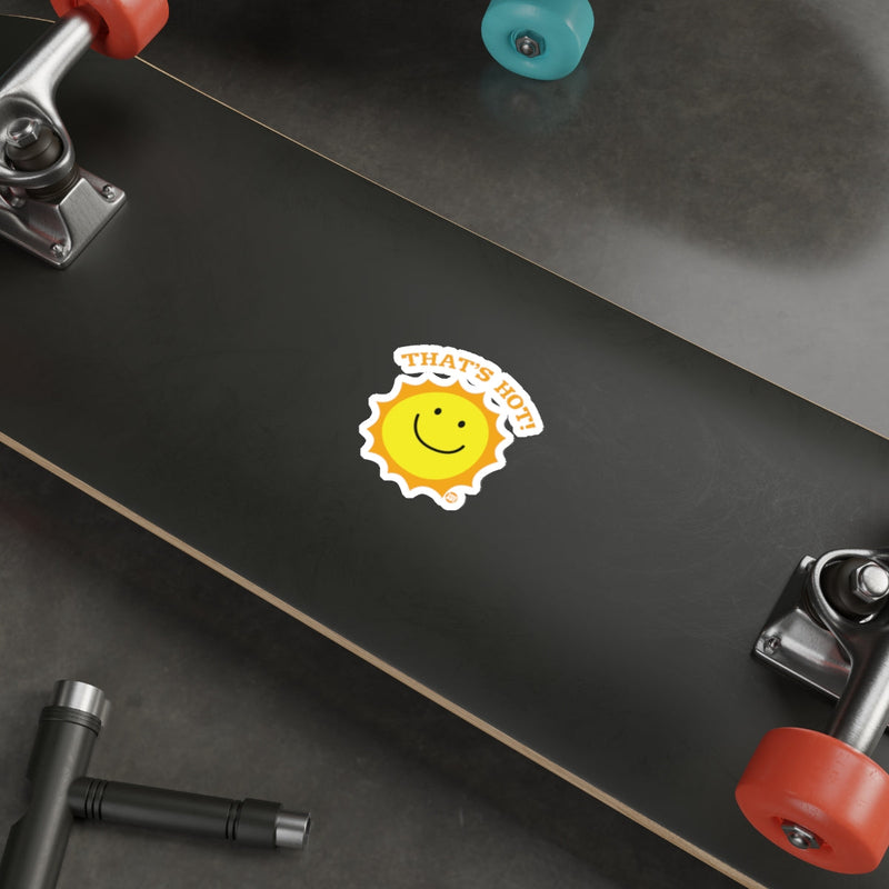Load image into Gallery viewer, That's Hot Smiley Face Sticker on Skateboard Deck
