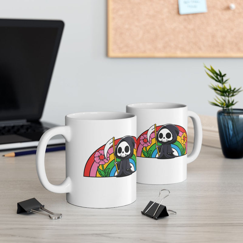 Load image into Gallery viewer, Grim Reaper with Flowers and Rainbow Design Mug
