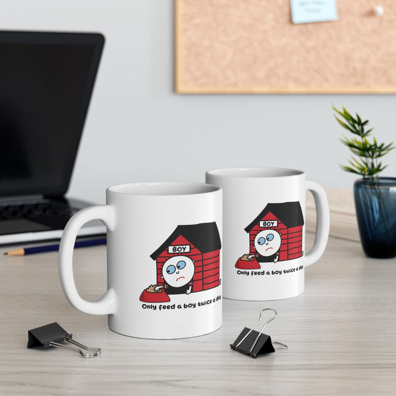 Load image into Gallery viewer, Funny Cartoon Mug with Boy and Doghouse Print
